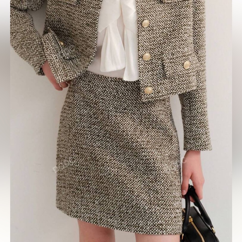 2 piece set- Green/ivory tweed textured collarless blazer cardigan & mini skirt - Picture 6 of 16